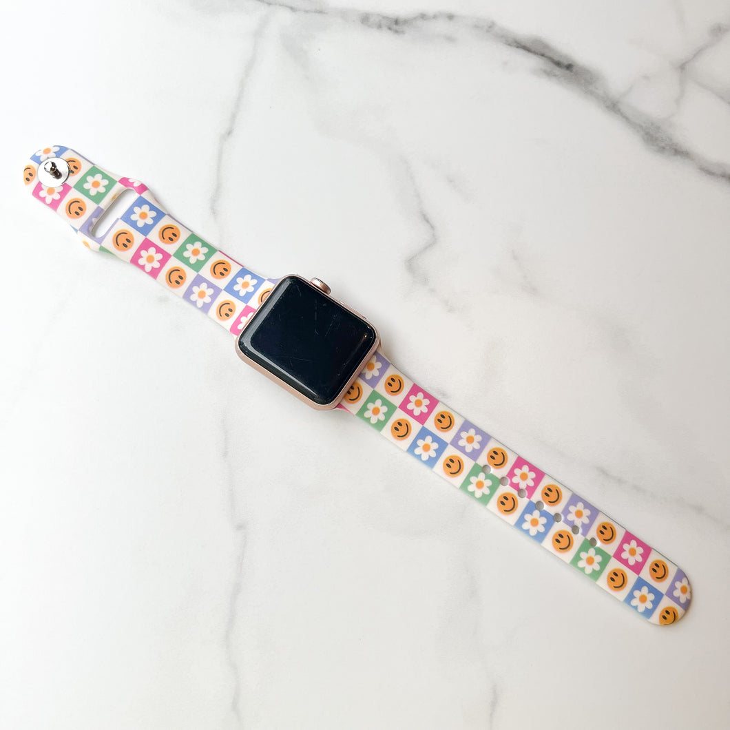 Checkered Smiley Daisies Watch Band
