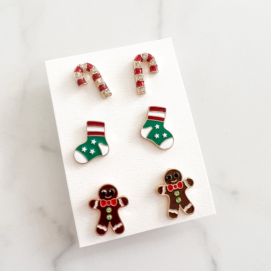 Christmas | Candy Cane, Stocking & Gingerbread Man | 3 Pack Enamel Stud Earring Set
