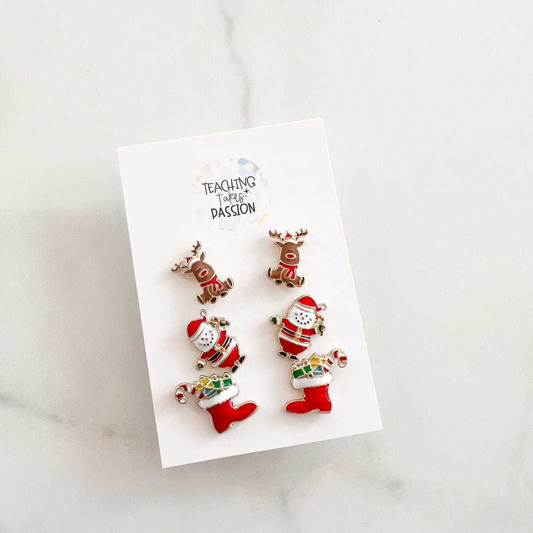 Christmas | Reindeer, Santa & Stocking | 3 Pack Enamel Stud Earring Set